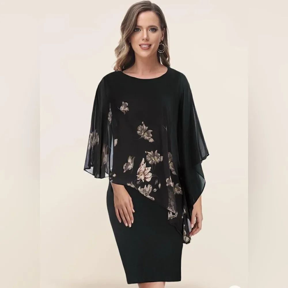 Hanna Nikole Chiffon Capelet Gray Flower Crew Neck Knee Length Pencil Dress 2XL